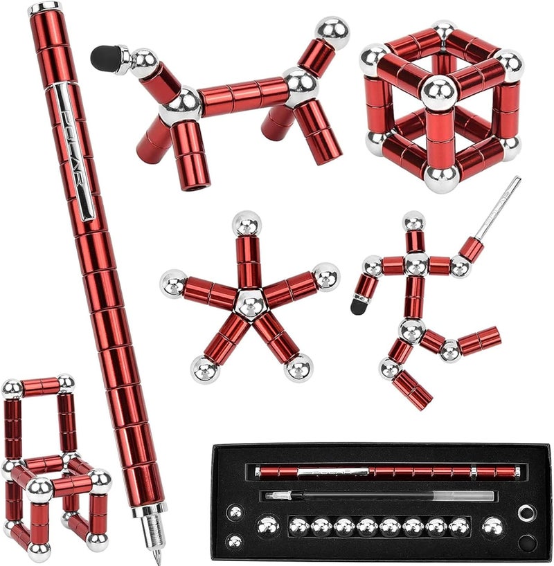 Lafoxla Fidget Pen Decompression Magnetic Metal Pen, Relieving Stress Build Various of Shapes, Multifunctional Deformable Magnet Writing Polar Pen for Christmas Gift (Red) - Image 1